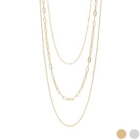 18K Gold PVD Stainless Steel Loop, Box, and Paperclip Layered Chain Necklace / CHN0015