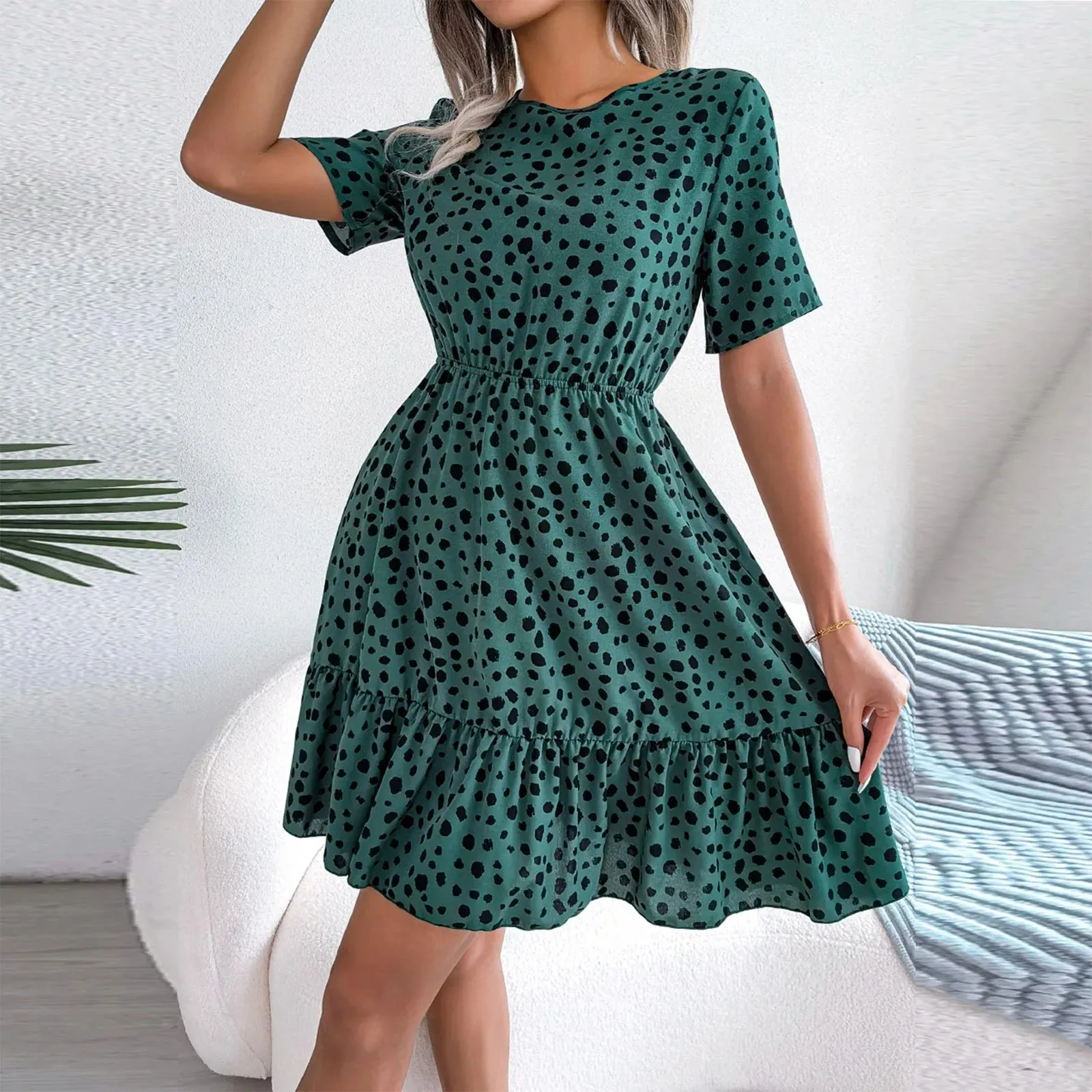 2024 Casual Summer Flower Beach Polka Dot Waist Ruffle Swing Midi Dress