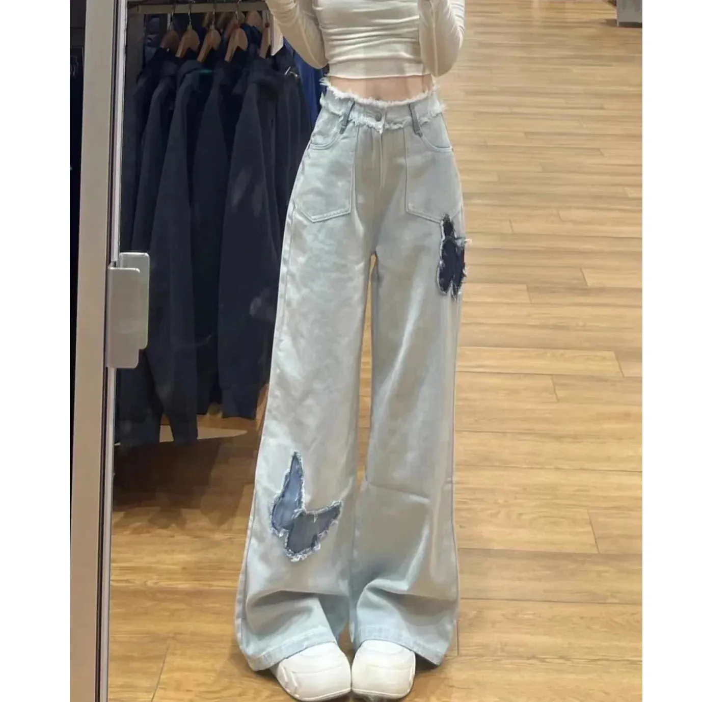 2024 New Spring Fall Models Women's Butterfly High-Waisted Loose Straight Long Jeans