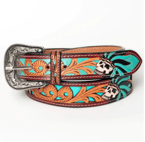 American Darling Skull & Rope Hand Tooled & Painted Leather Belt ADBLF128