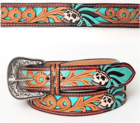 American Darling Skull & Rope Hand Tooled & Painted Leather Belt ADBLF128