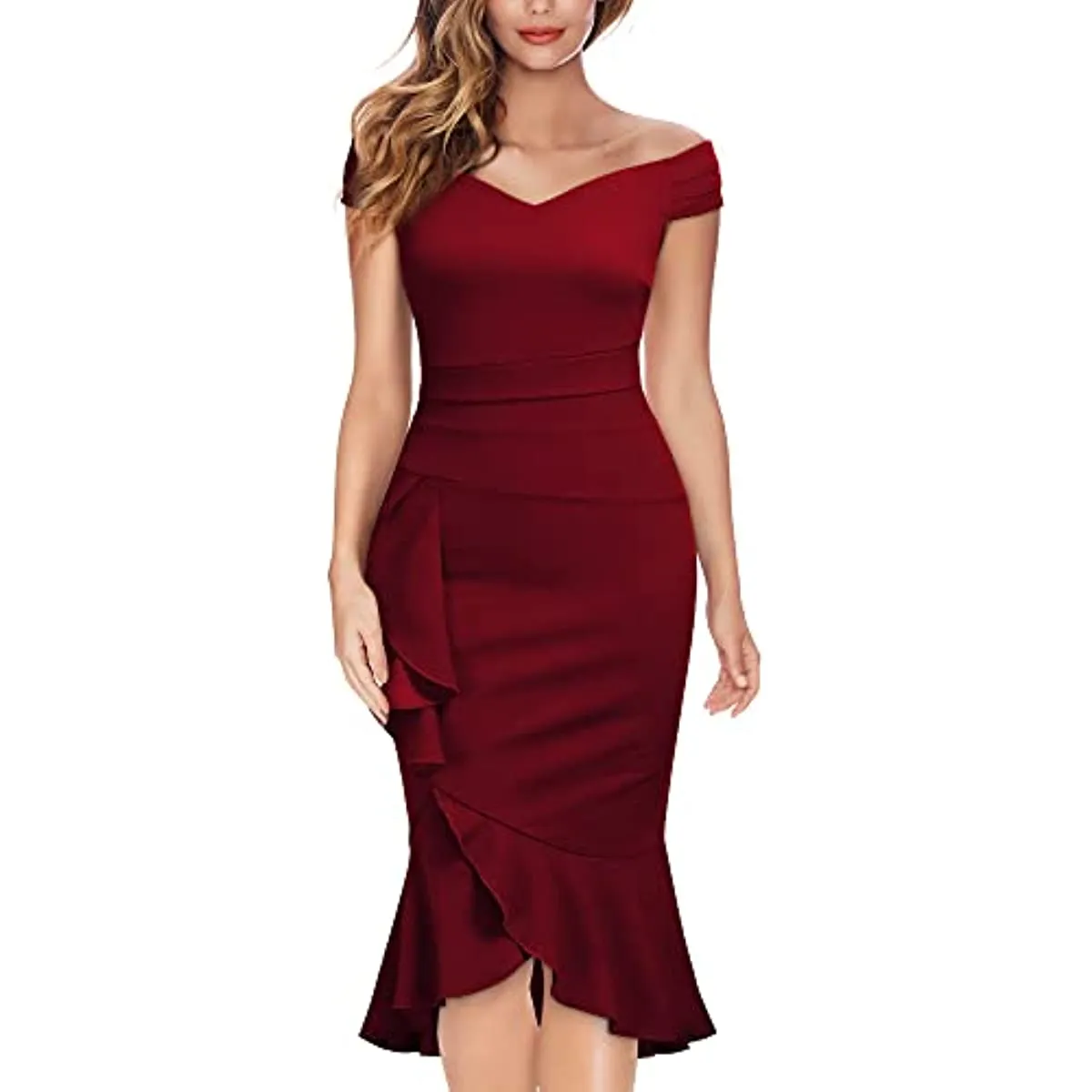 Amy Fashion - Christmas Off Shoulder V-Neck Ruffle Pleat Waist Formal Dress