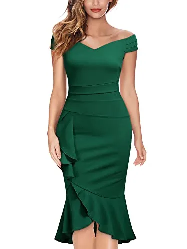 Amy Fashion - Christmas Off Shoulder V-Neck Ruffle Pleat Waist Formal Dress