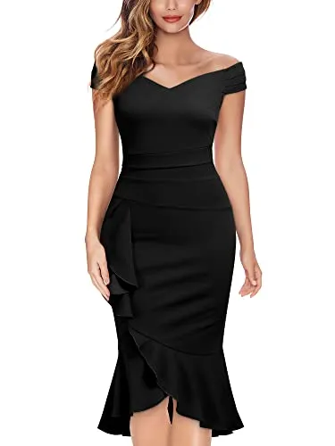 Amy Fashion - Christmas Off Shoulder V-Neck Ruffle Pleat Waist Formal Dress