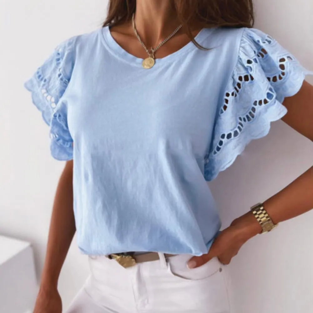 BerriesJam - 2024 Summer Hollow Out Casual O-Neck Ruffle T-Shirt