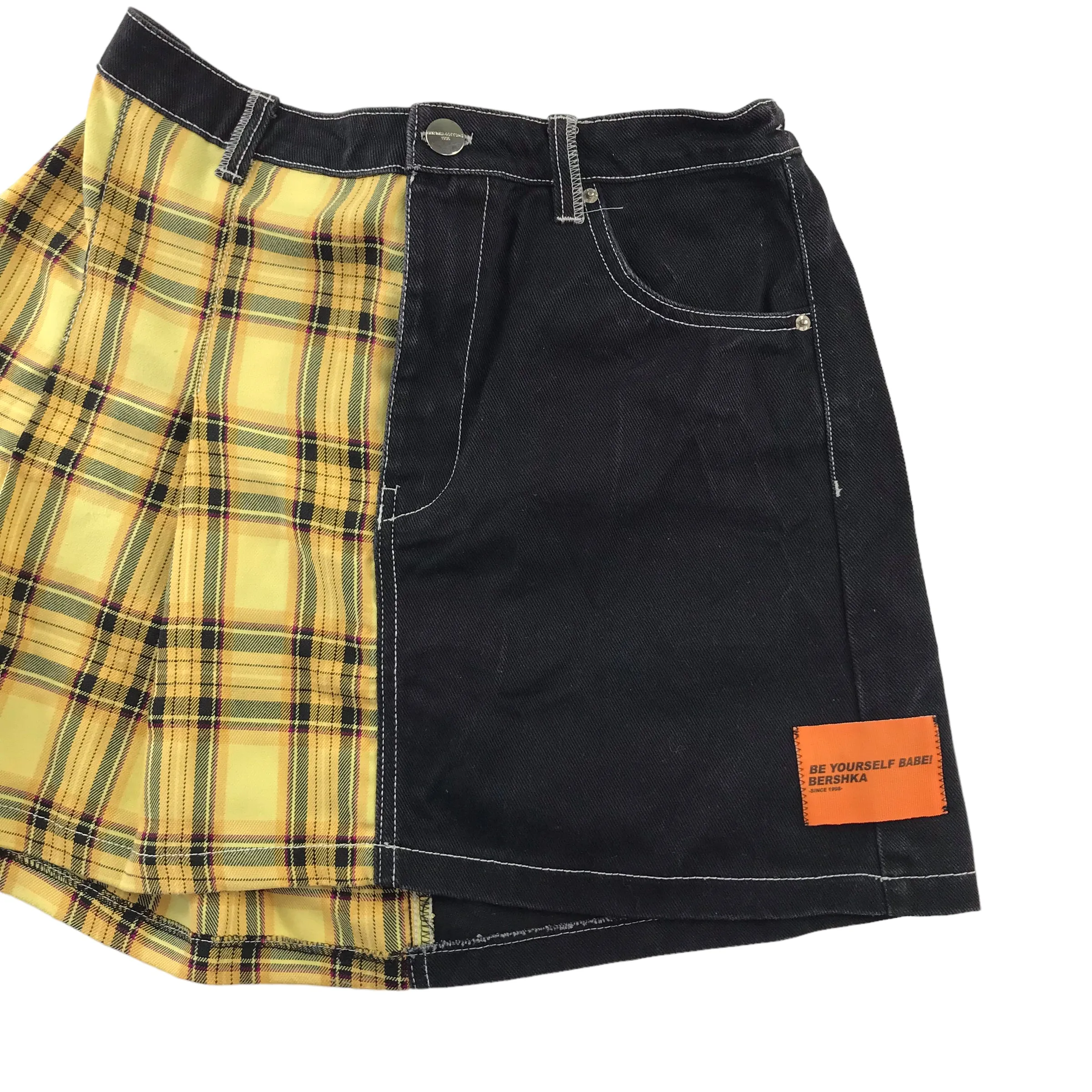 Bershka skirt womens size L black and yellow checked denim mix mini