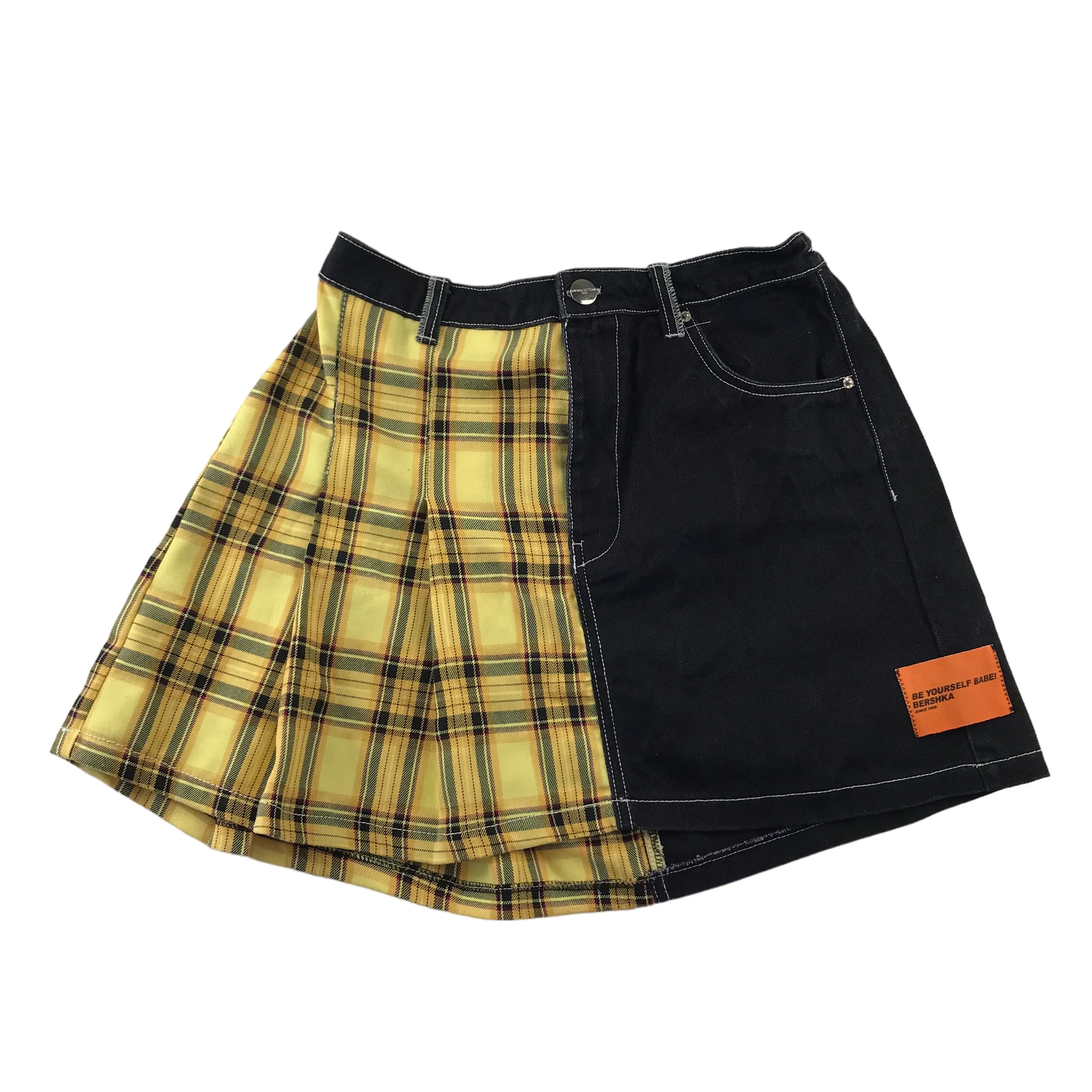 Bershka skirt womens size L black and yellow checked denim mix mini