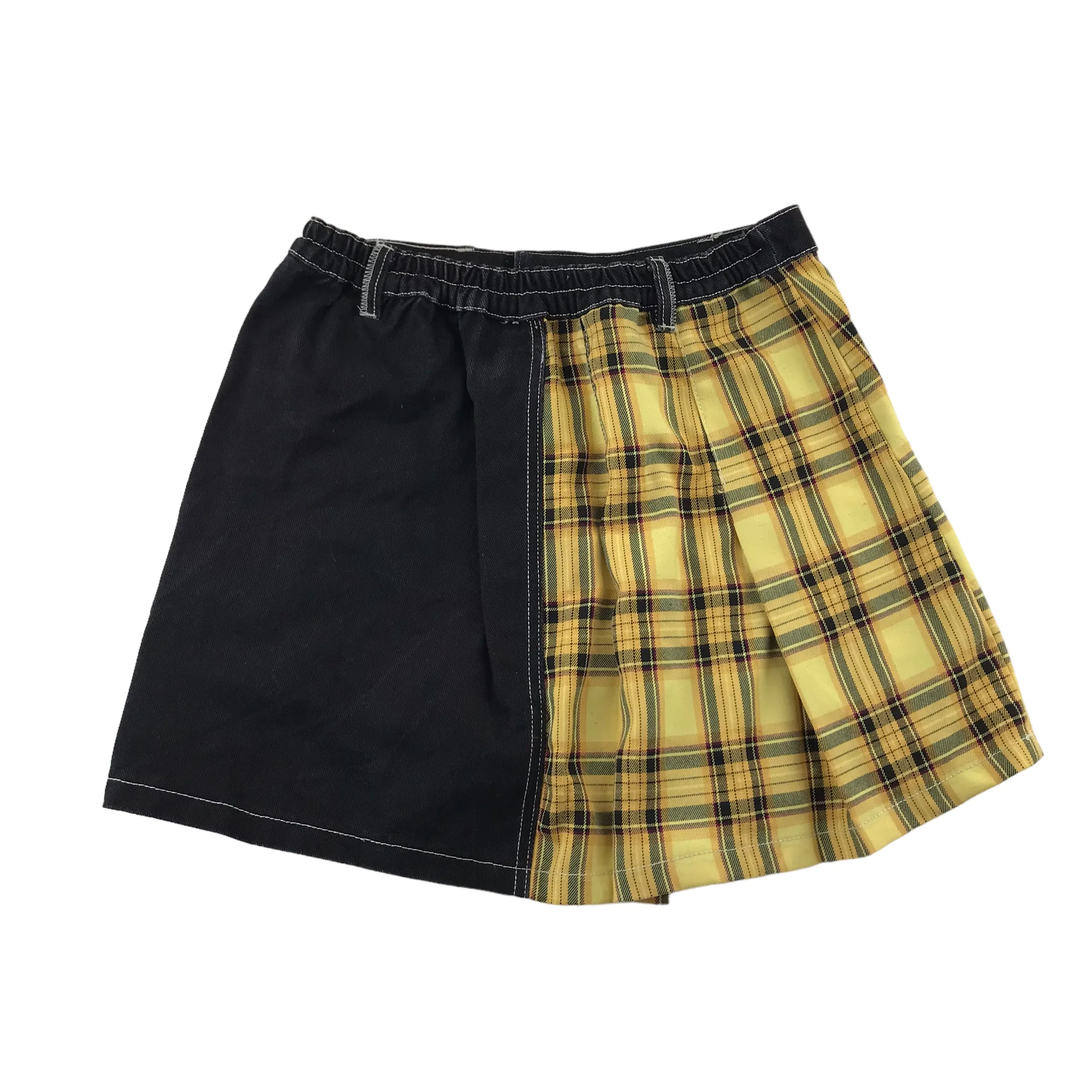 Bershka skirt womens size L black and yellow checked denim mix mini