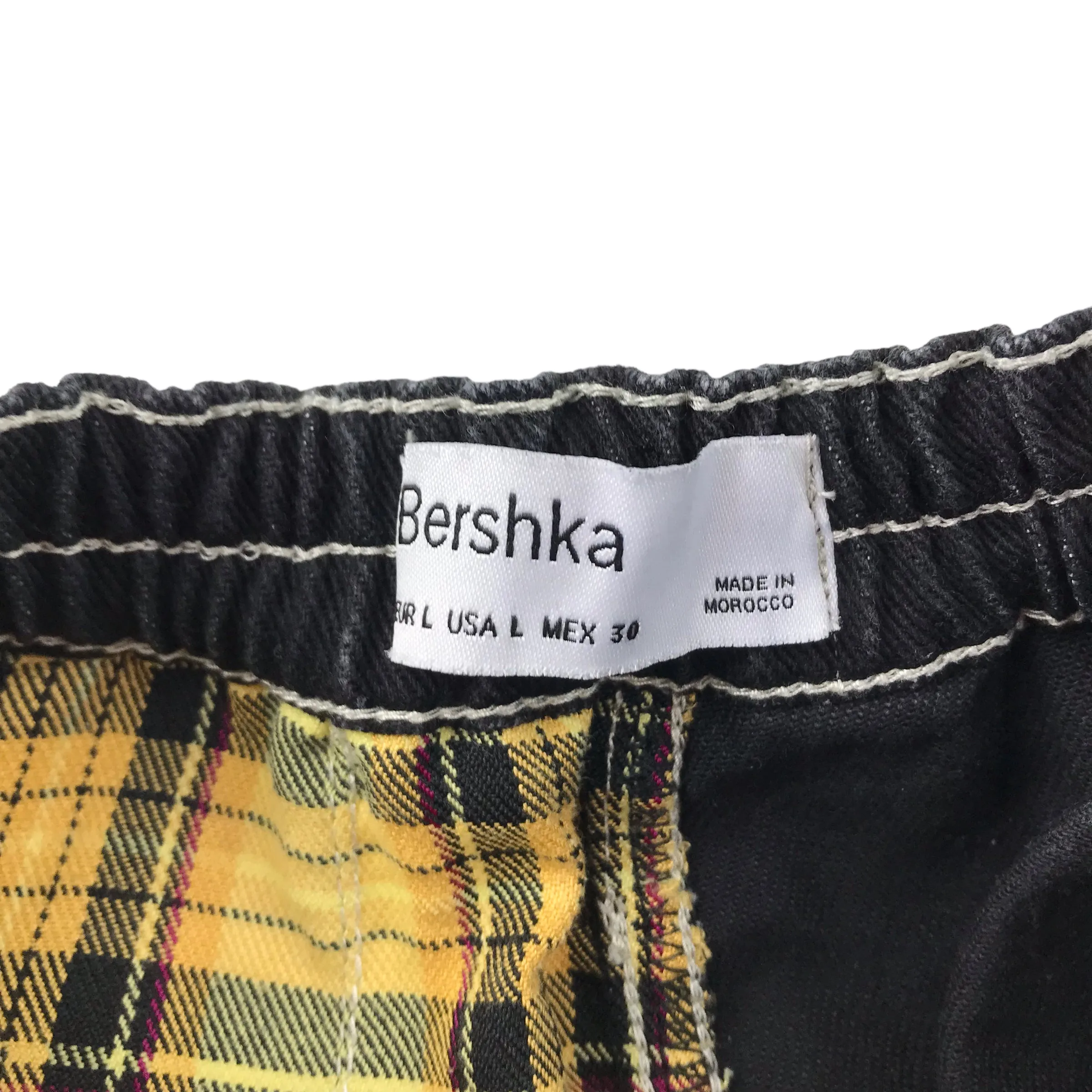 Bershka skirt womens size L black and yellow checked denim mix mini