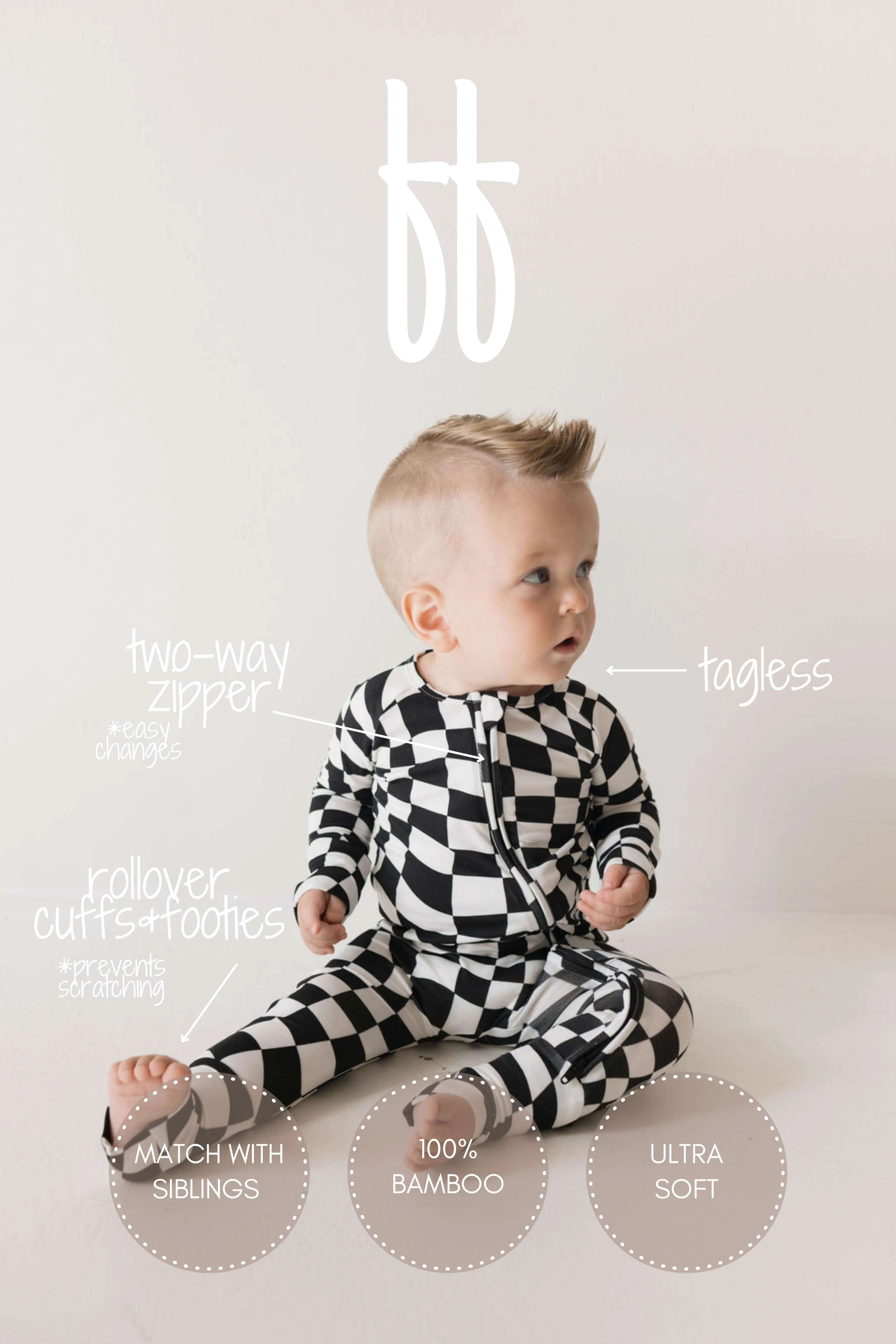 Black & White Wavy Checkerboard | Bamboo Zip Pajamas