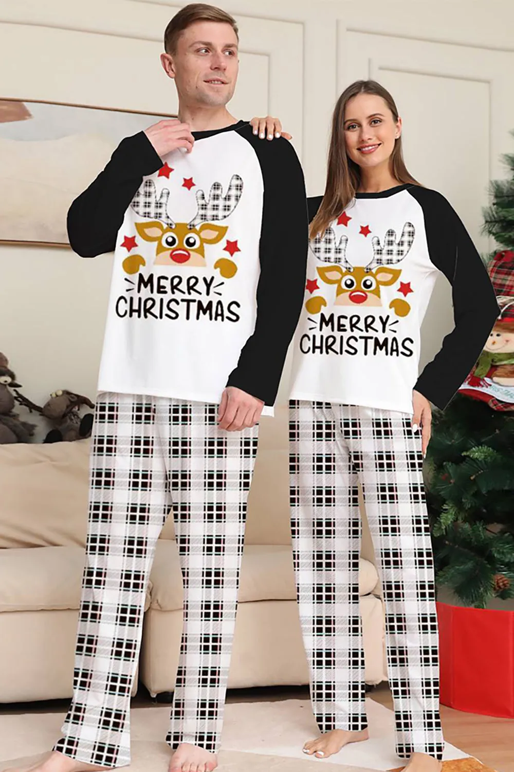 Black and White Plaid Christmas Deer Family Pajamas Set