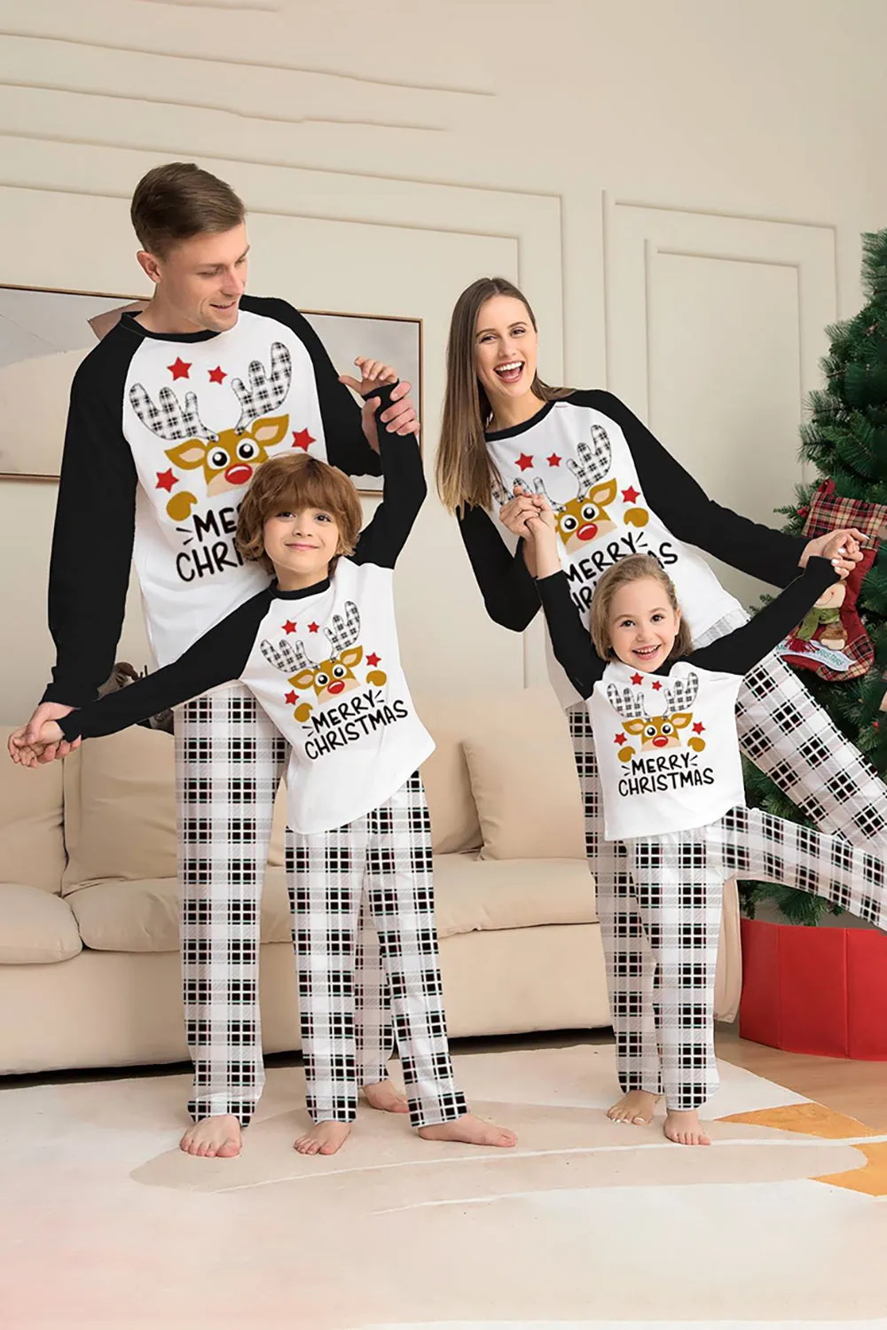 Black and White Plaid Christmas Deer Family Pajamas Set