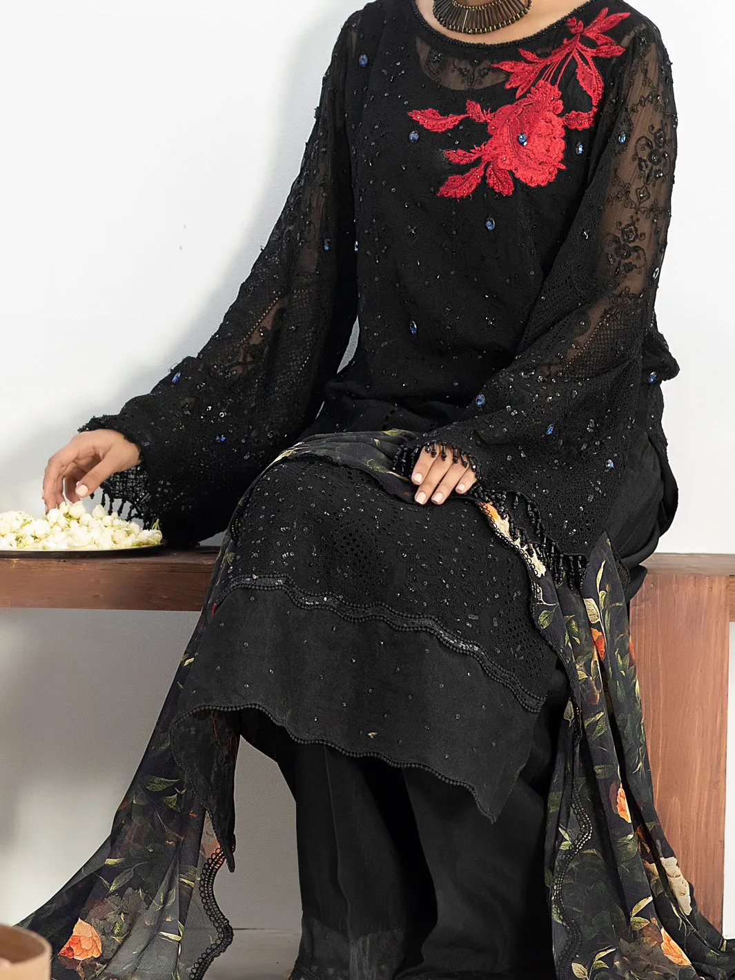 Black Bemberg Chiffon 3 Piece Formal Stitched - AL-3PS-LS-313