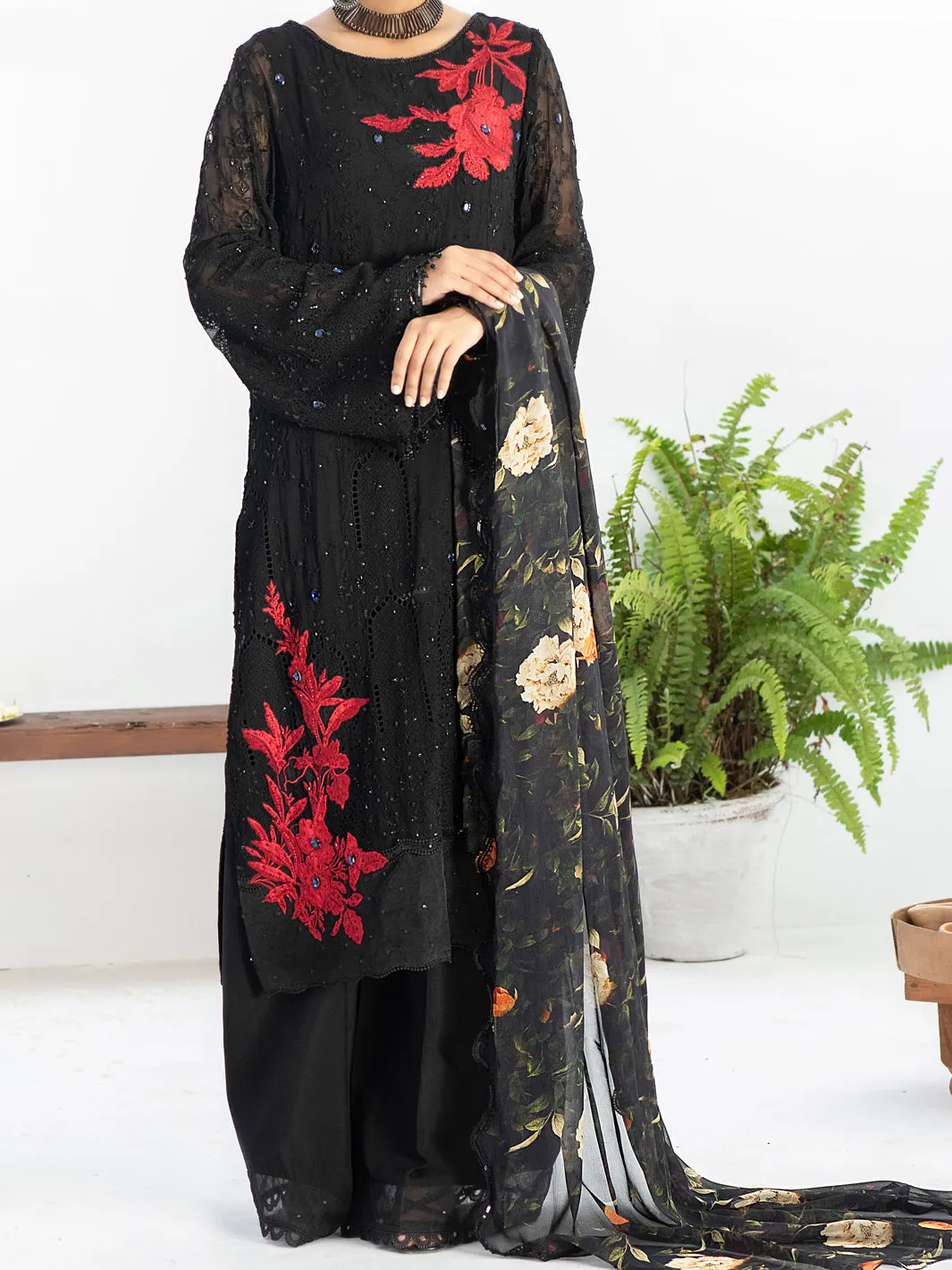 Black Bemberg Chiffon 3 Piece Formal Stitched - AL-3PS-LS-313