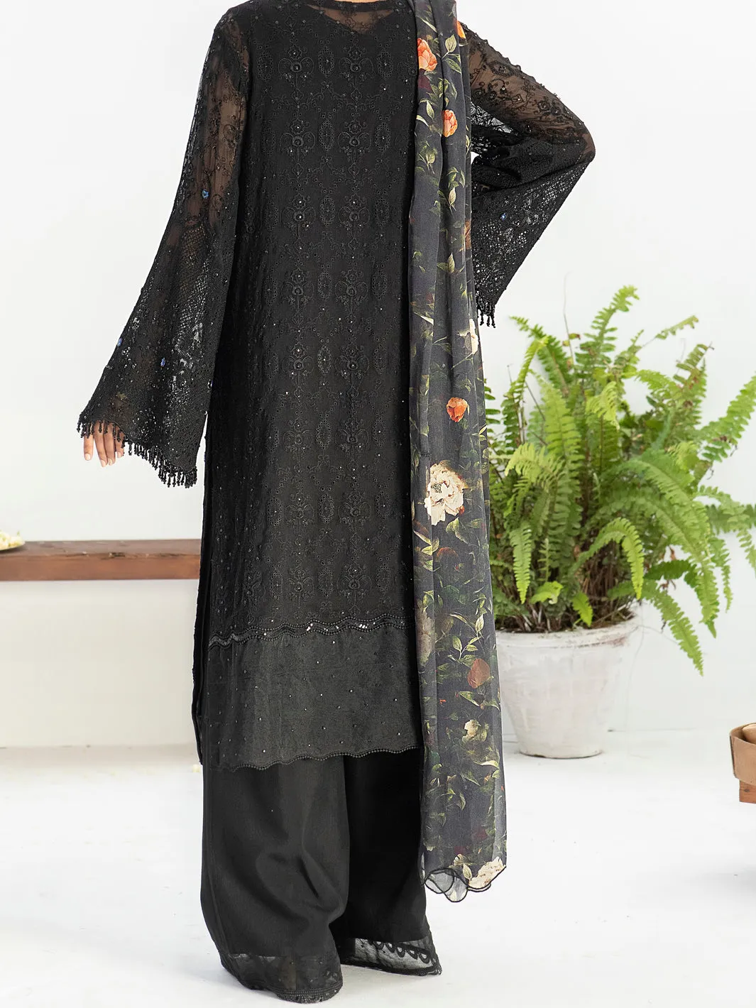 Black Bemberg Chiffon 3 Piece Formal Stitched - AL-3PS-LS-313