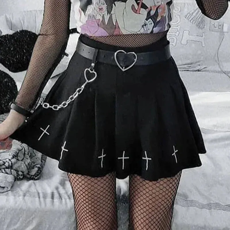 Black High Waist Pleated Vintage Gothic Streetwear Cross Print Skirt