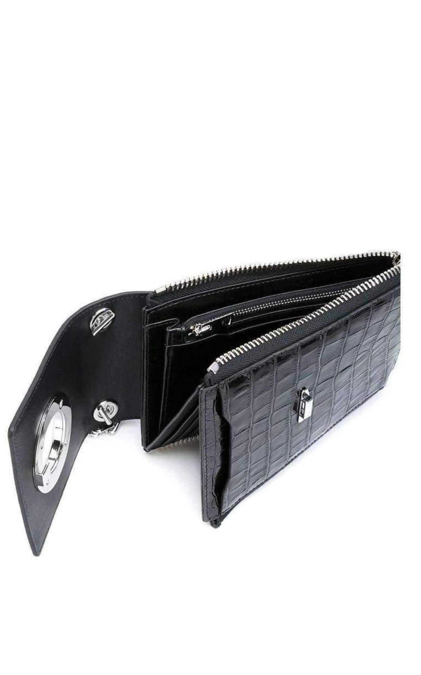 Black Shoulder Wallet Crocodile Embossed Leather