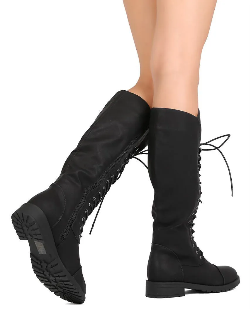 Black Vegan Leather Toe Cap Lace-Up Knee High Women's Riding Boots