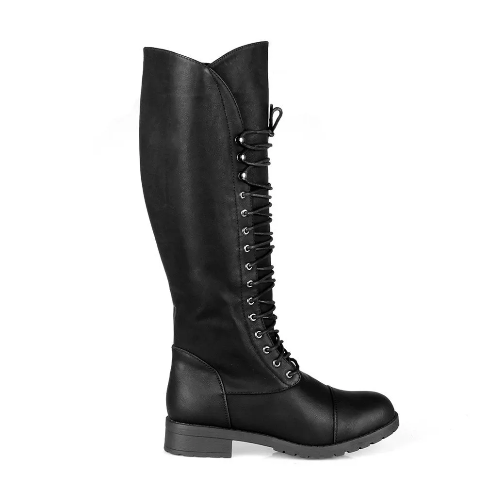 Black Vegan Leather Toe Cap Lace-Up Knee High Women's Riding Boots