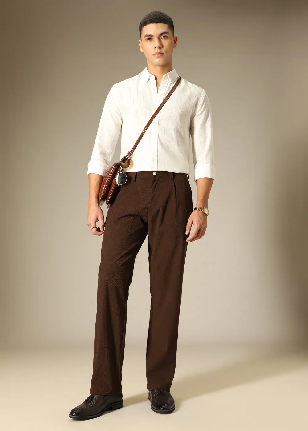 Brown Textured Corduroy Pant