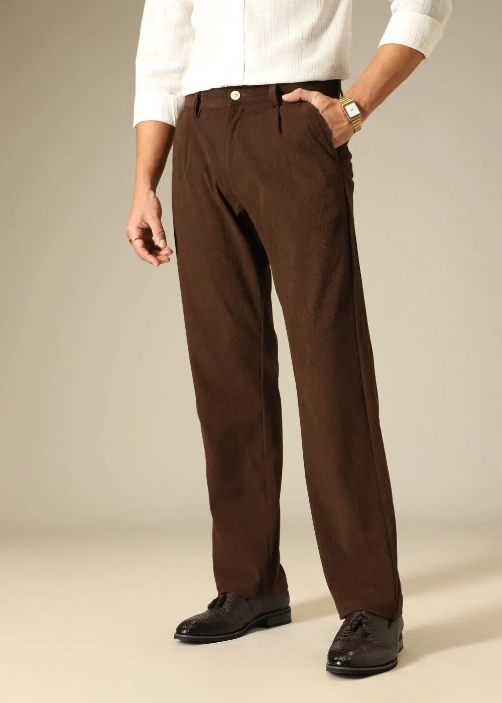 Brown Textured Corduroy Pant