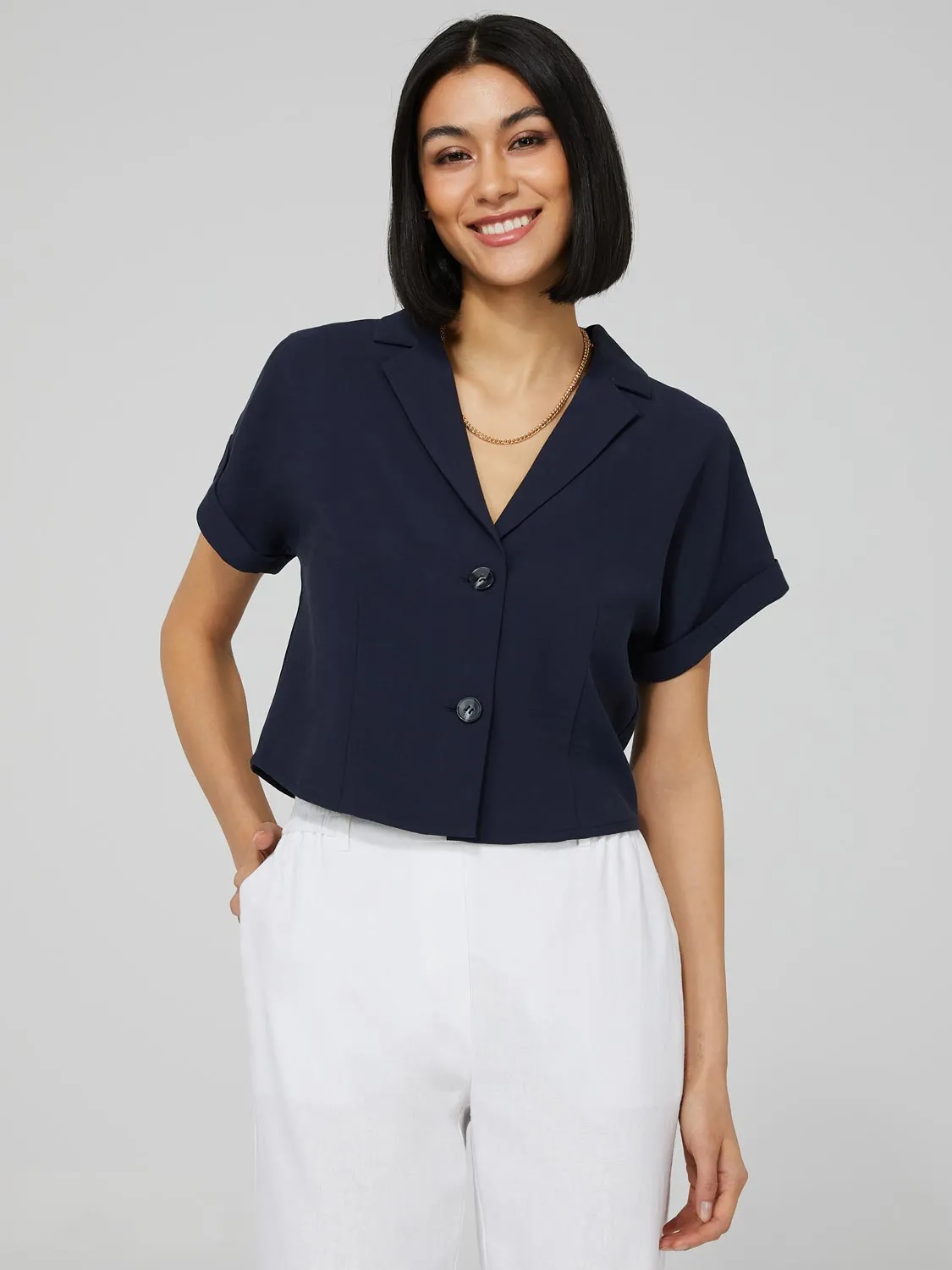 Button-Front Waisted Blouse