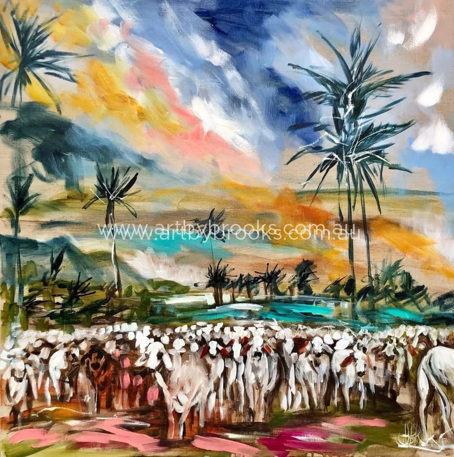 Cattle under palms - art print