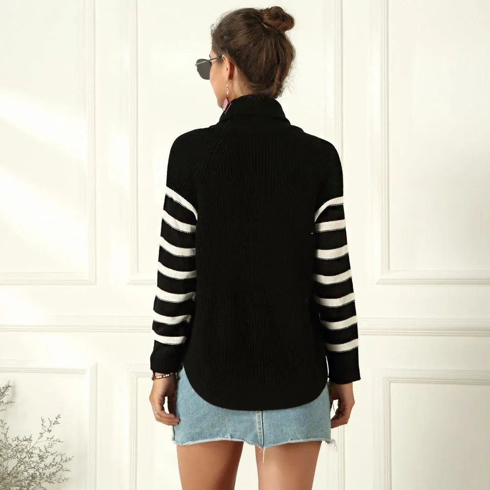 Classic Funnel Turtleneck Drawstring Pullover Striped Sweater