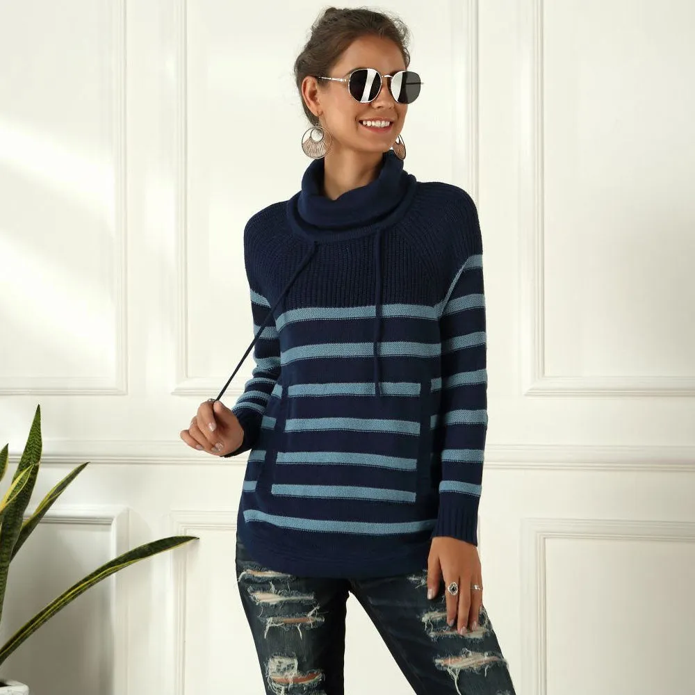 Classic Funnel Turtleneck Drawstring Pullover Striped Sweater