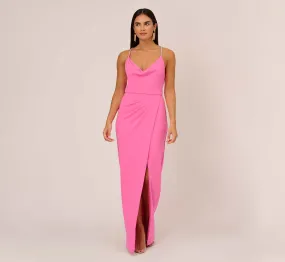 Cowl Neck Column Gown With Draped Details In Pink Parfait