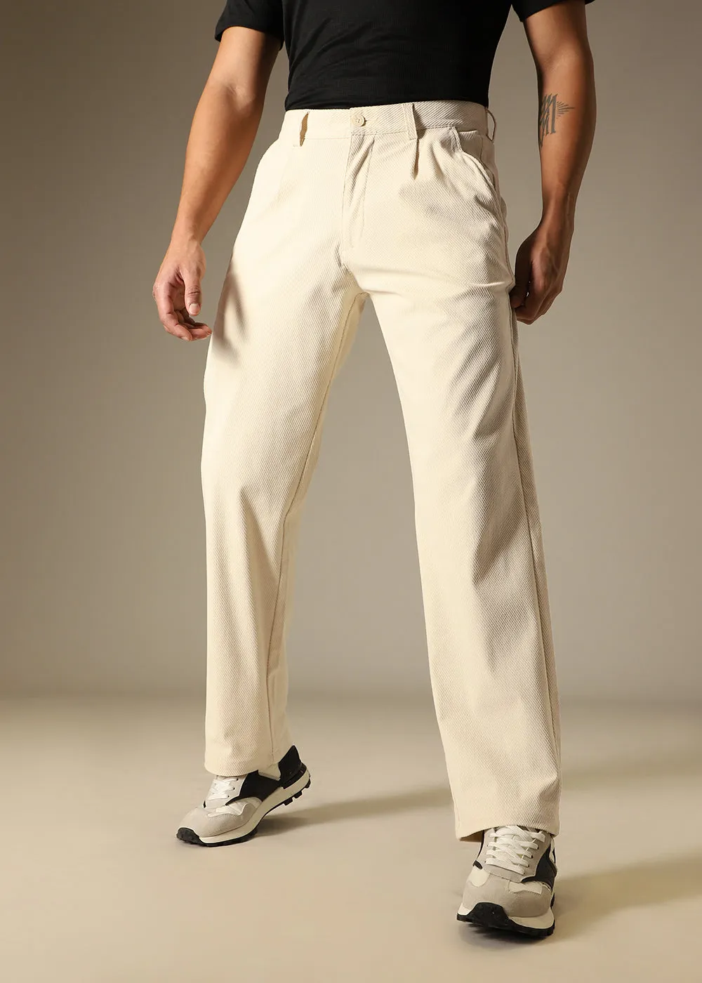 Cream Textured Corduroy Pant