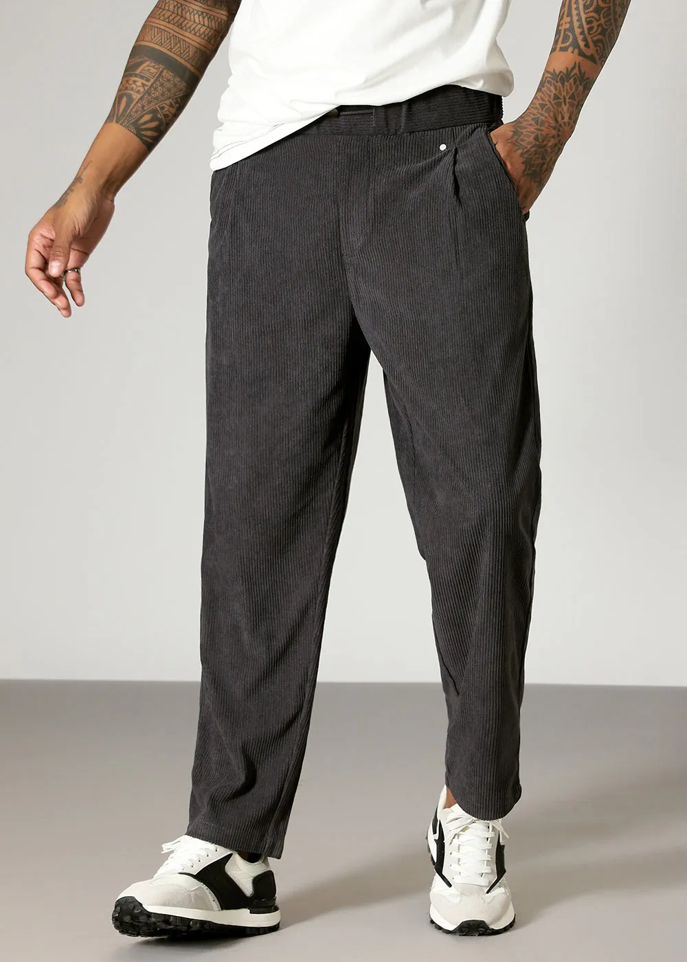 Dark Grey Drawstring Corduroy Pant