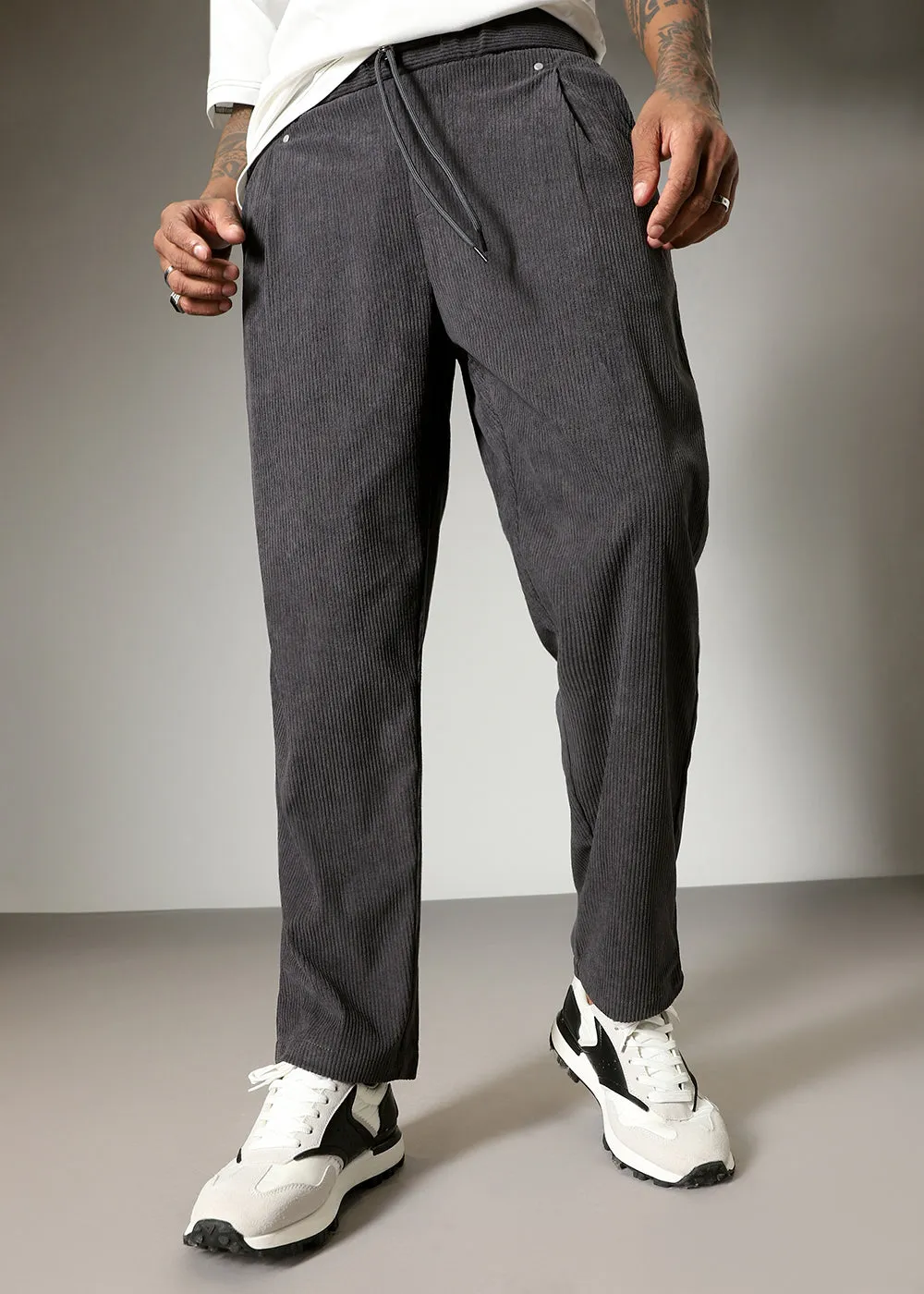 Dark Grey Drawstring Corduroy Pant