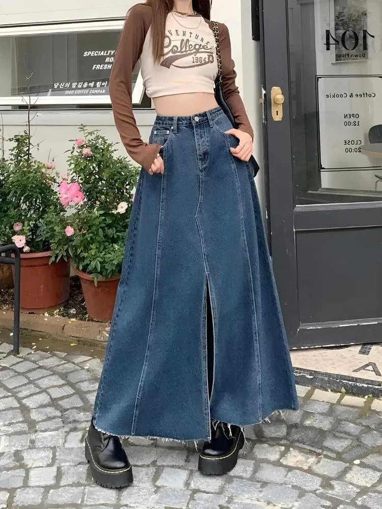 Denim Slit Frayed Hem Maxi Skirt