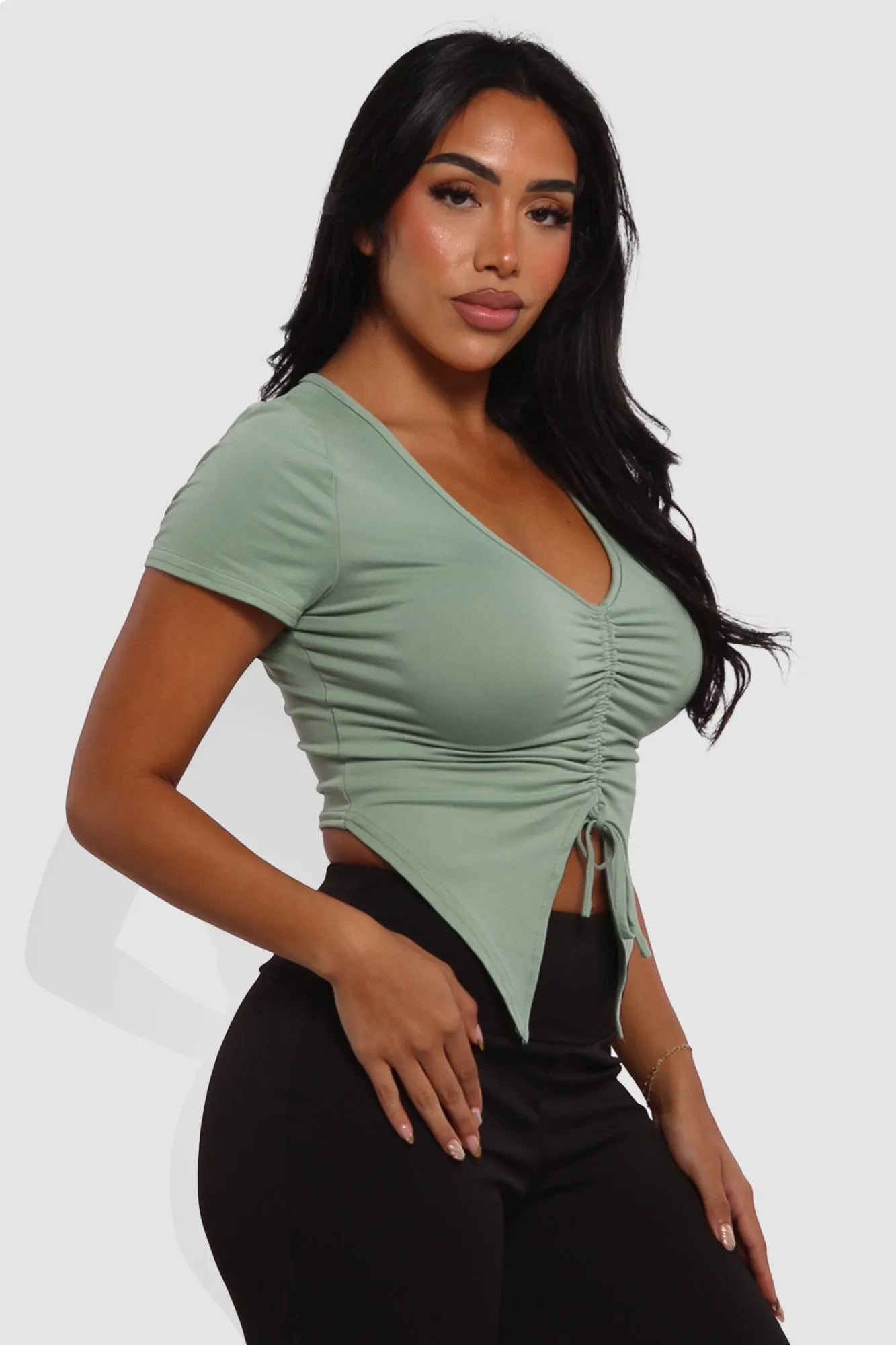 Drawstring Ruched Front V-Neck Crop Tops - Sage