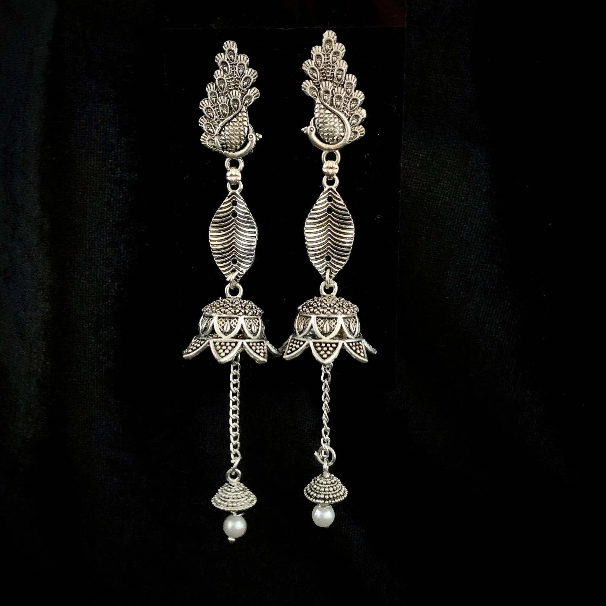 Fashionable Long Peacock Oxidized Silver Earring with Jhumka