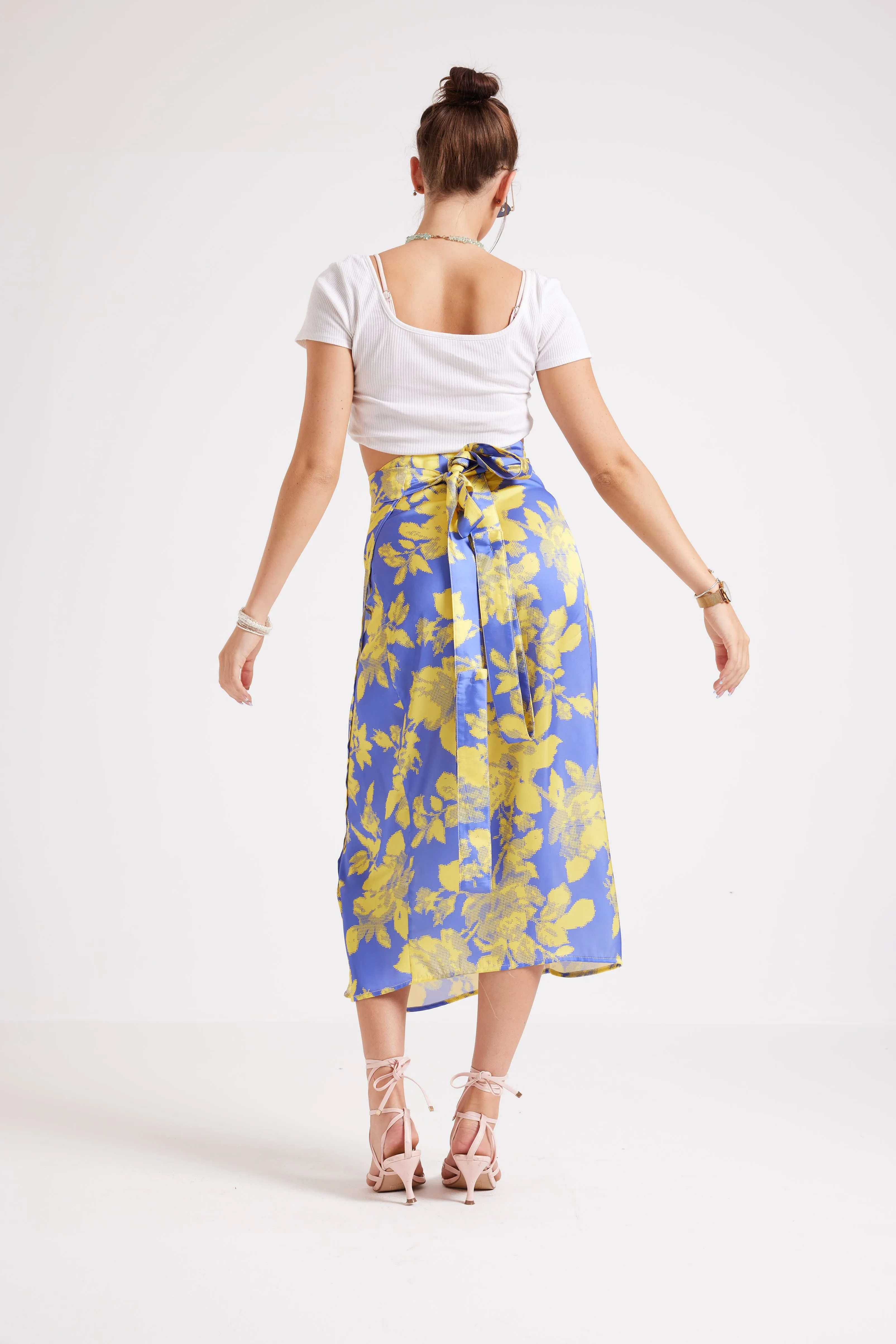 FLORAL WRAPOVER SATIN SKIRT