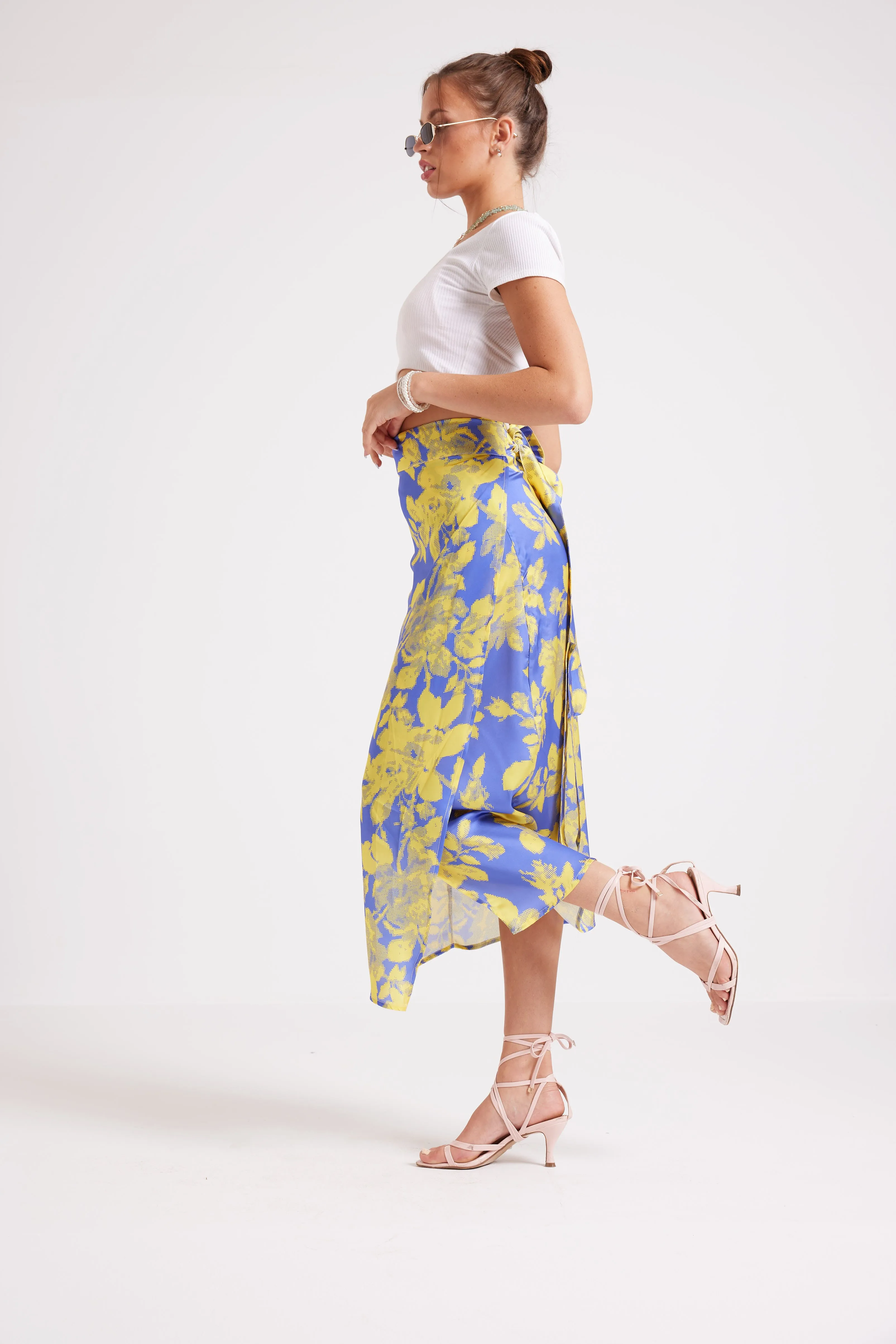 FLORAL WRAPOVER SATIN SKIRT