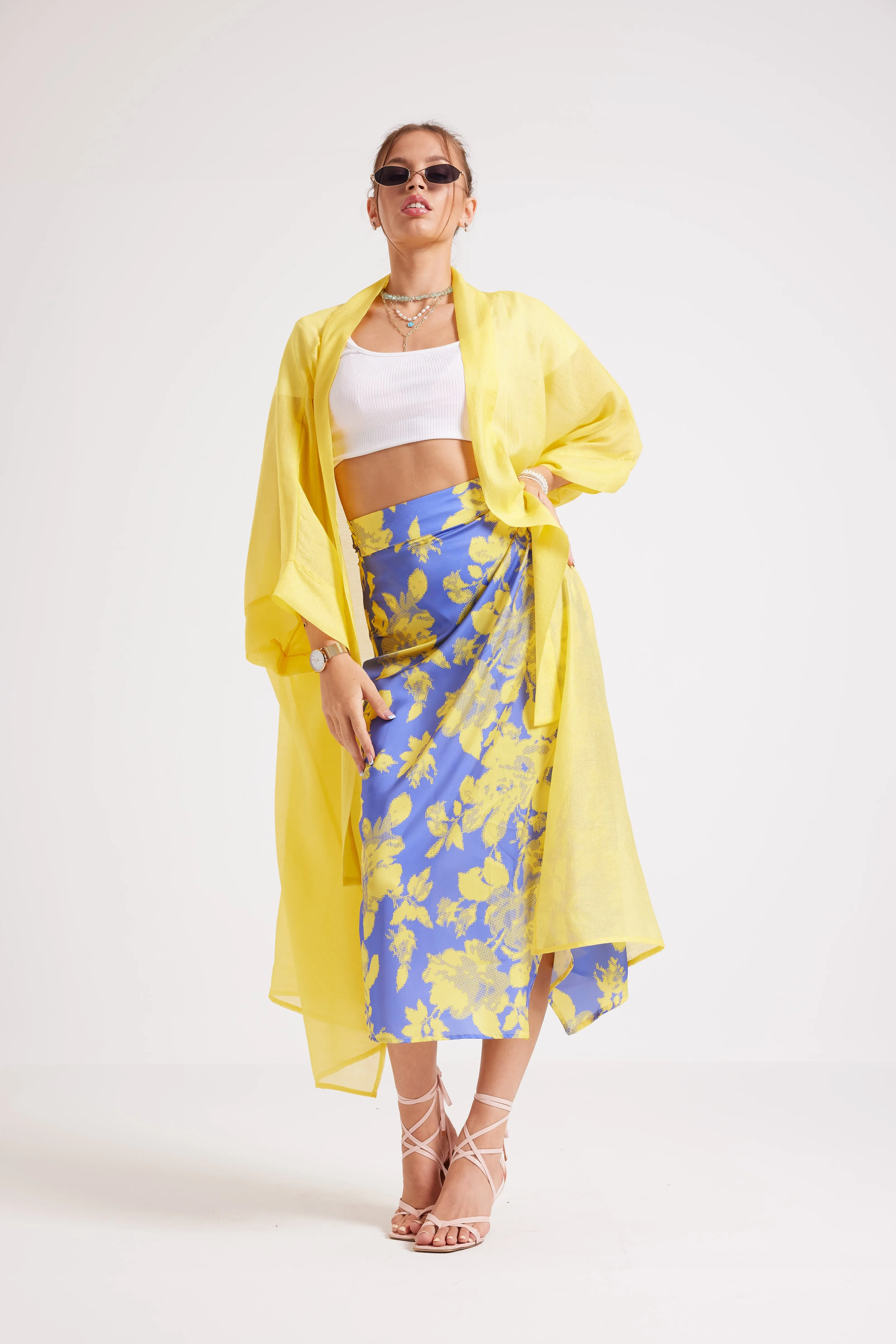 FLORAL WRAPOVER SATIN SKIRT