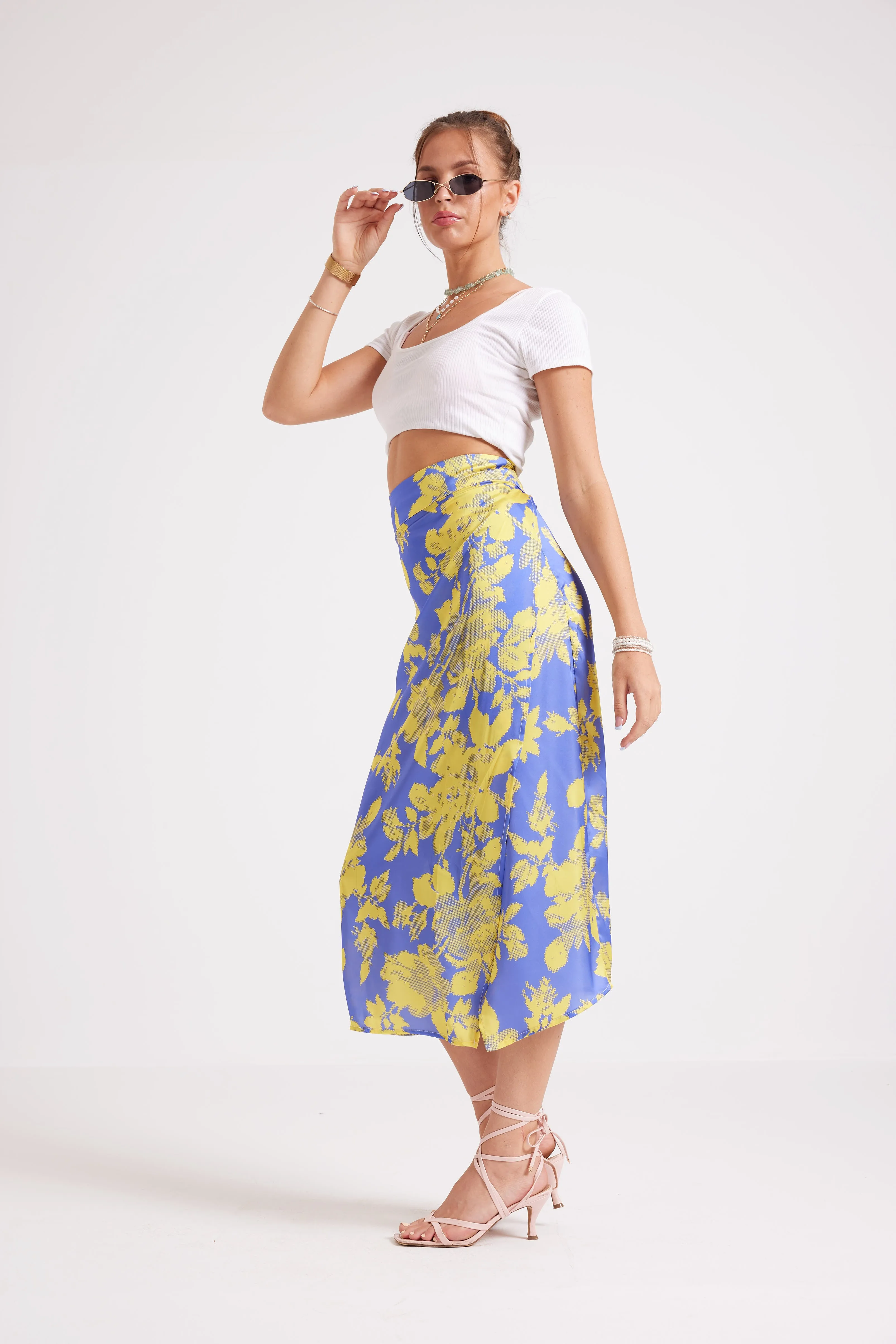 FLORAL WRAPOVER SATIN SKIRT