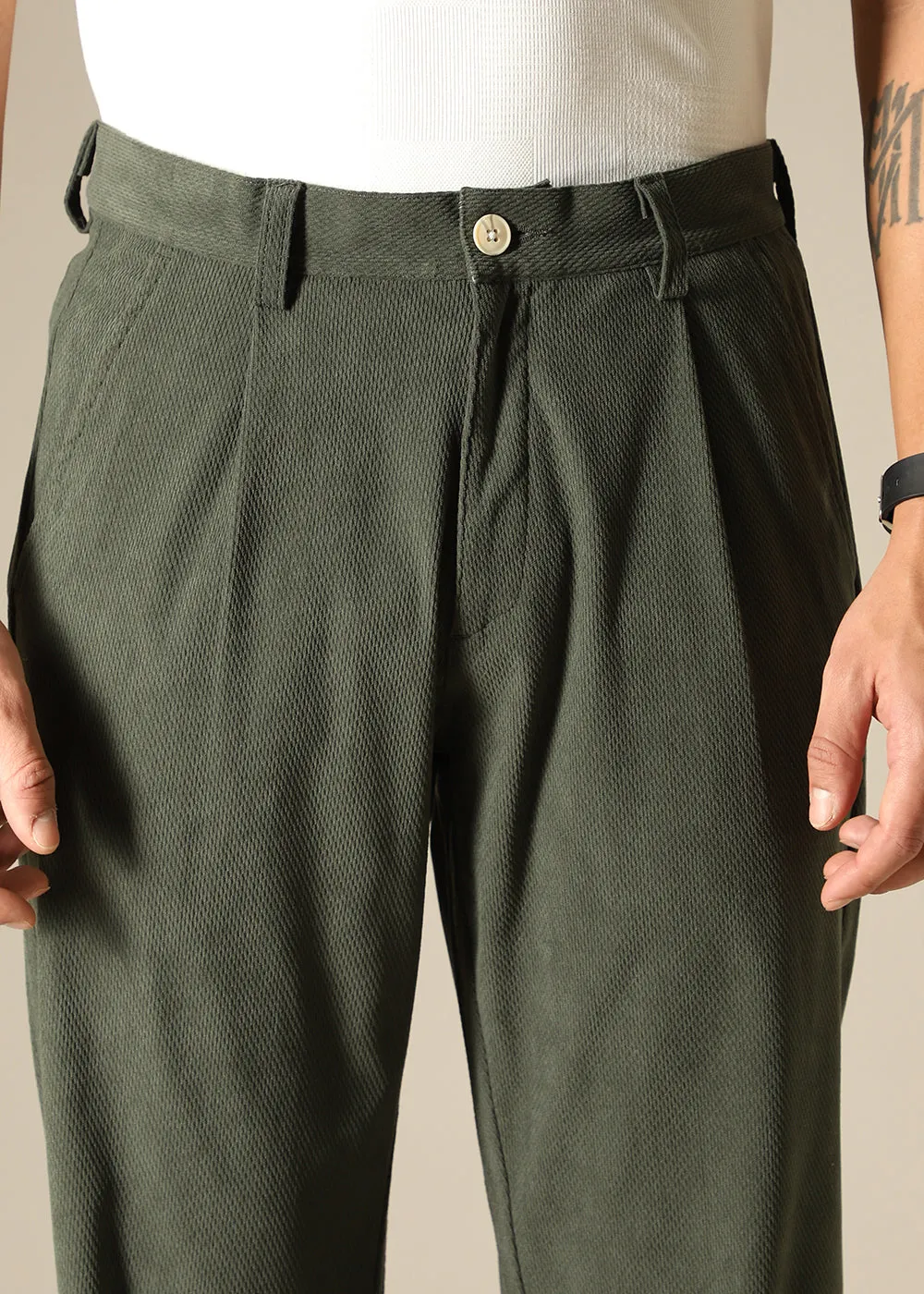 Green Textured Corduroy Pant