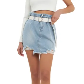 GREY LAB Women's High Rise Belted Frayed Hem Denim Mini Skirt