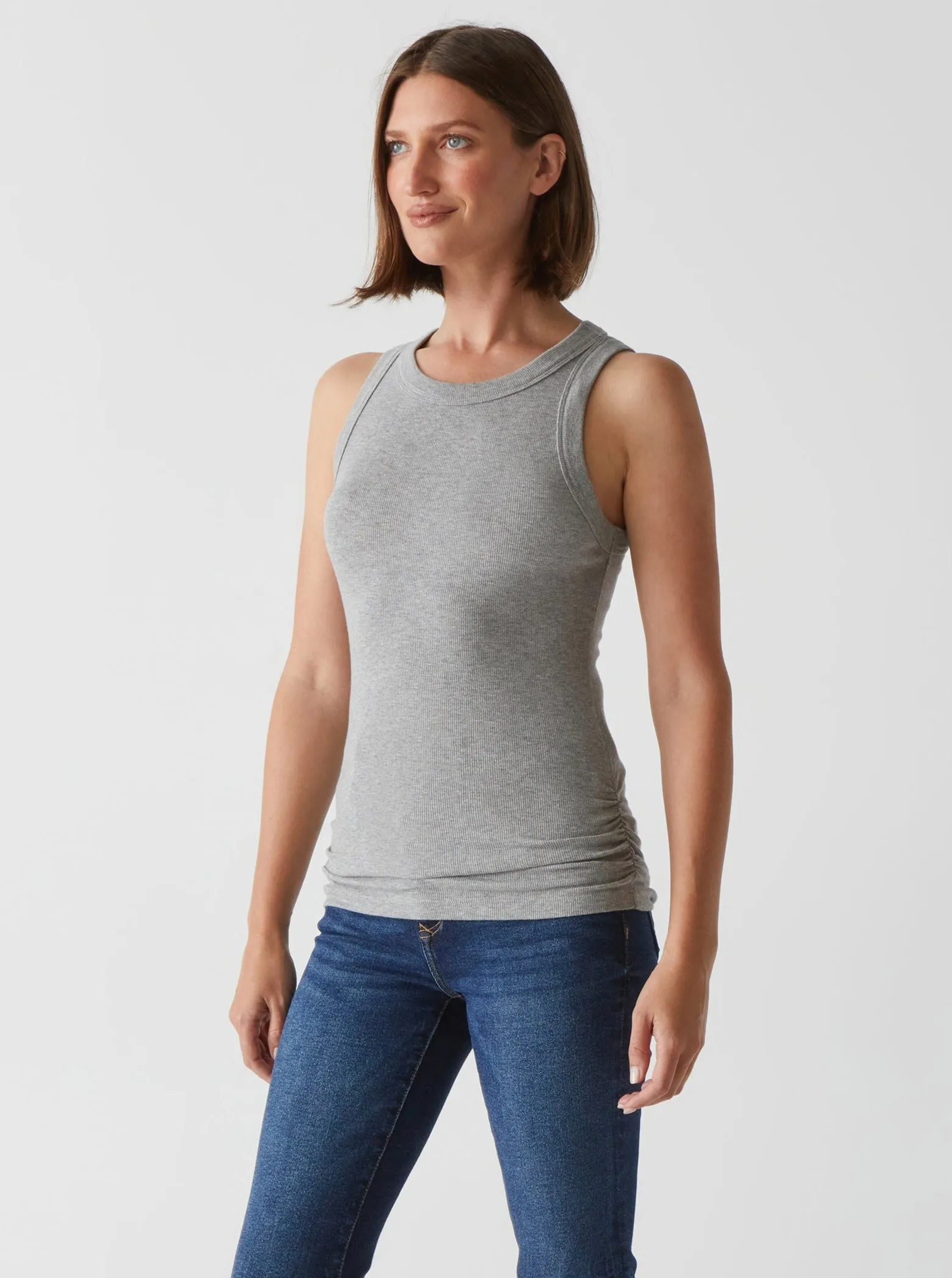 Halley Ribbed Tank with Ruching - Heather Grey