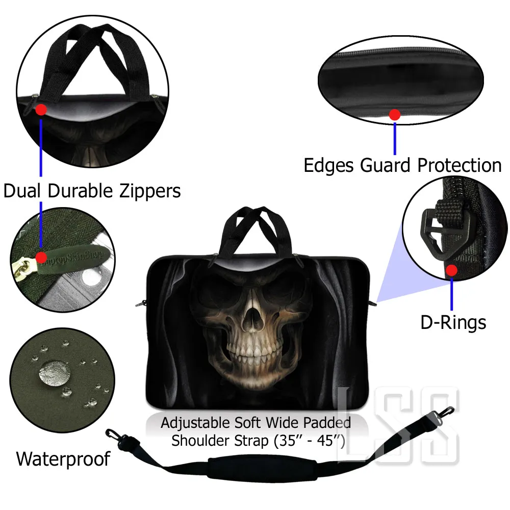 Laptop Notebook Sleeve Carrying Case with Carry Handle and Shoulder Strap - Hooded Dark Lord Skull