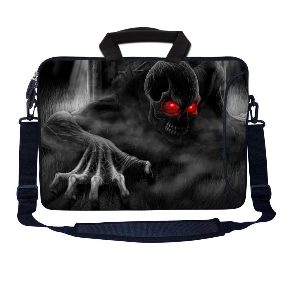 Laptop Sleeve Carrying Case with Large Side Pocket for Accessories and Removable Shoulder Strap - Red Eye Dark Ghost Zombie Skull