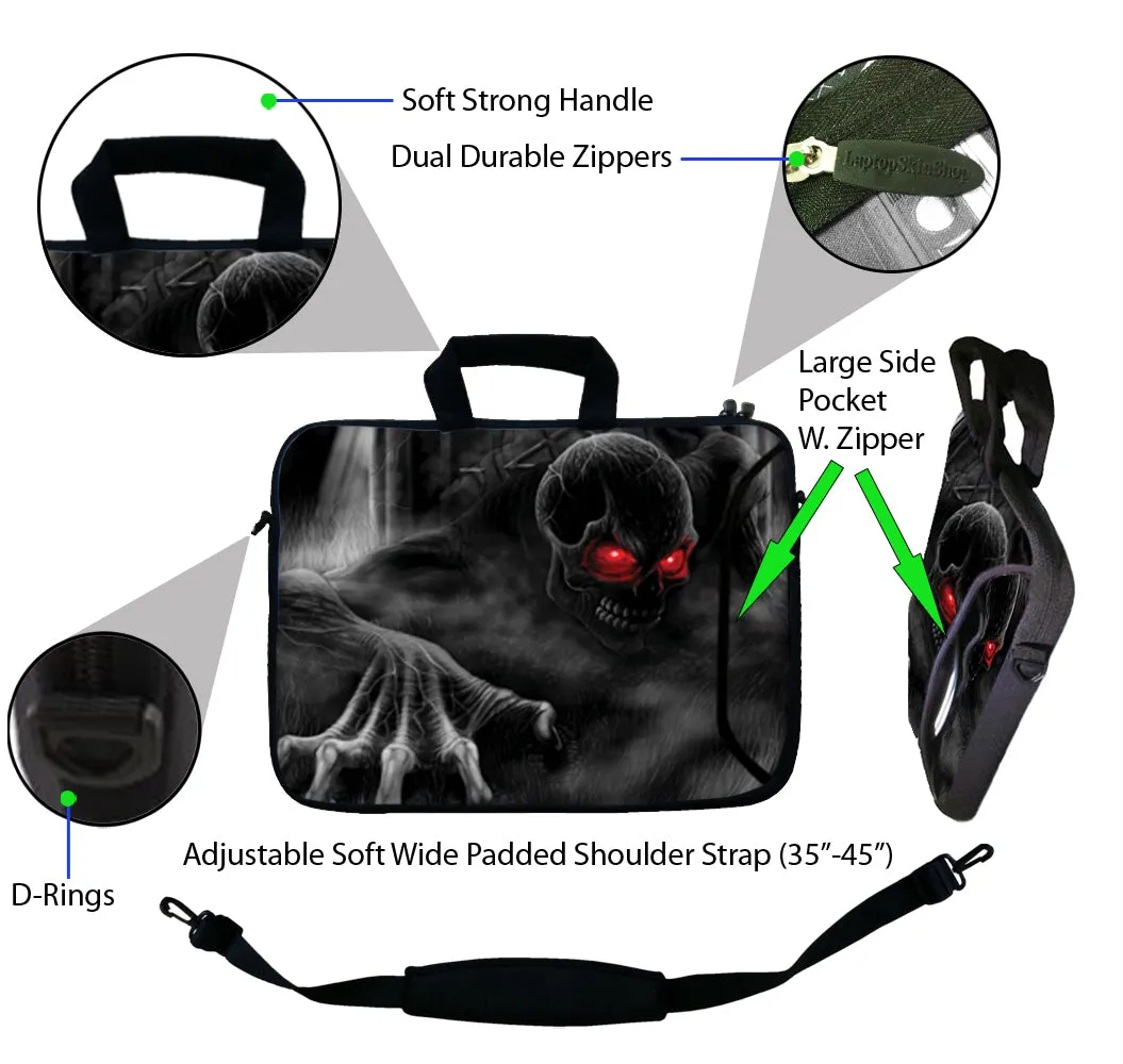 Laptop Sleeve Carrying Case with Large Side Pocket for Accessories and Removable Shoulder Strap - Red Eye Dark Ghost Zombie Skull