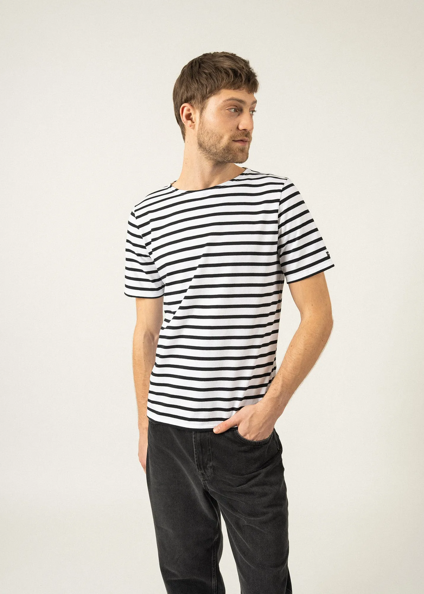 LEVANT MODERN - Breton Stripe Short Sleeve Shirt | Soft Cotton | Unisex Fit (WHITE / BLACK)