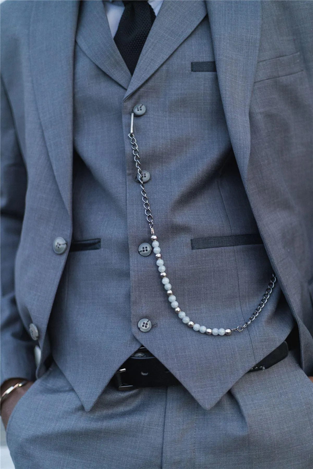 Mens Classic 3 Piece Suit Grey Pocket Chain Wedding Tailored Fit Vintage Formal