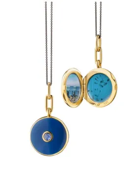 Navy Enamel Vermeil Round Locket with Blue Sapphire