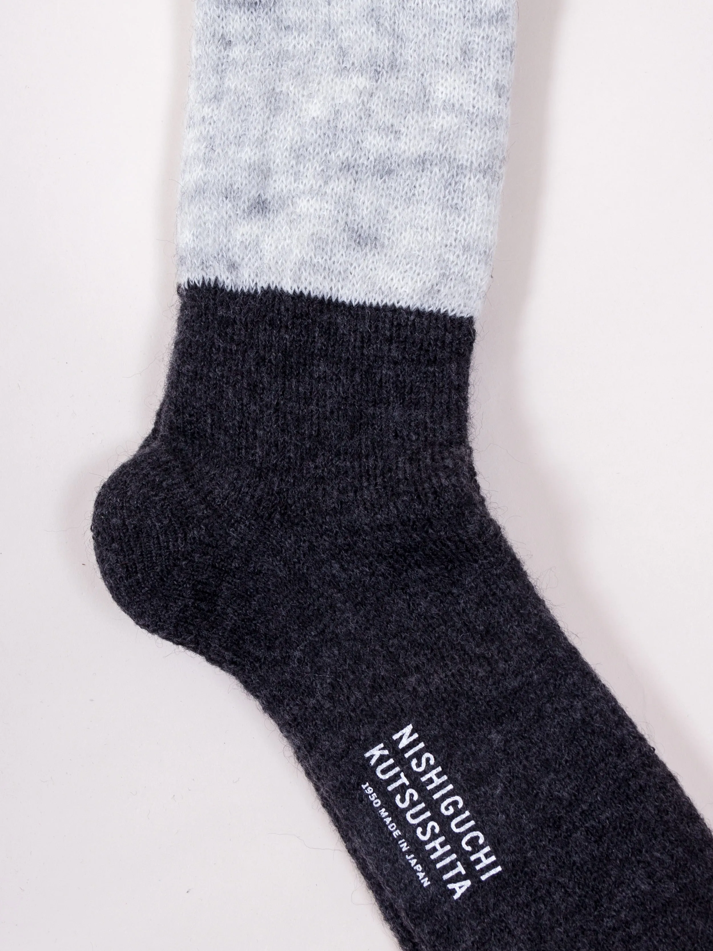 Nishiguchi Kutsushita, Mohair Wool Pile Sock, Light Grey/ Dark Grey